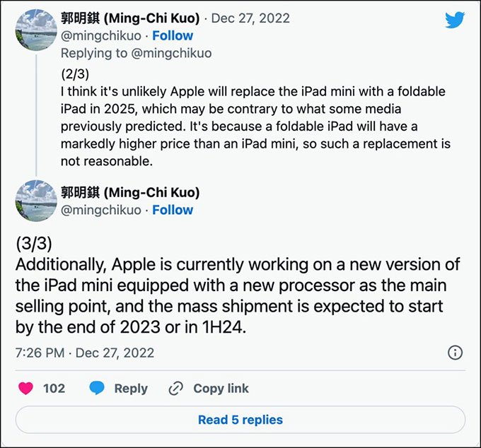 Dòng Tweet của Ming-Chi Kuo về thông tin của iPad mini 7