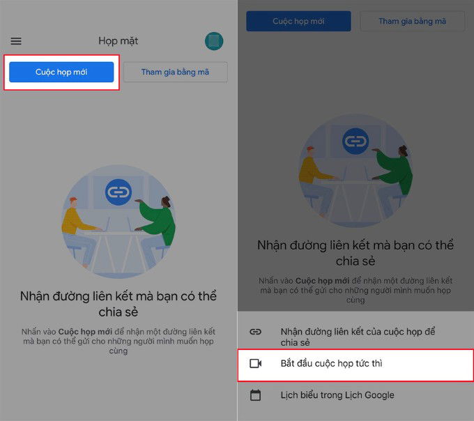 Tạo cuộc họp Google Meet trên điện thoại