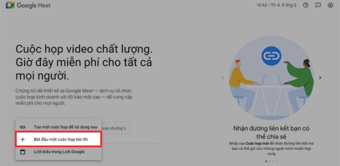 Tạo link cuộc họp Google Meet trên máy tính