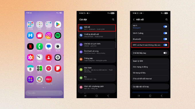 Cài đặt - Kết nối - Bật NFC 